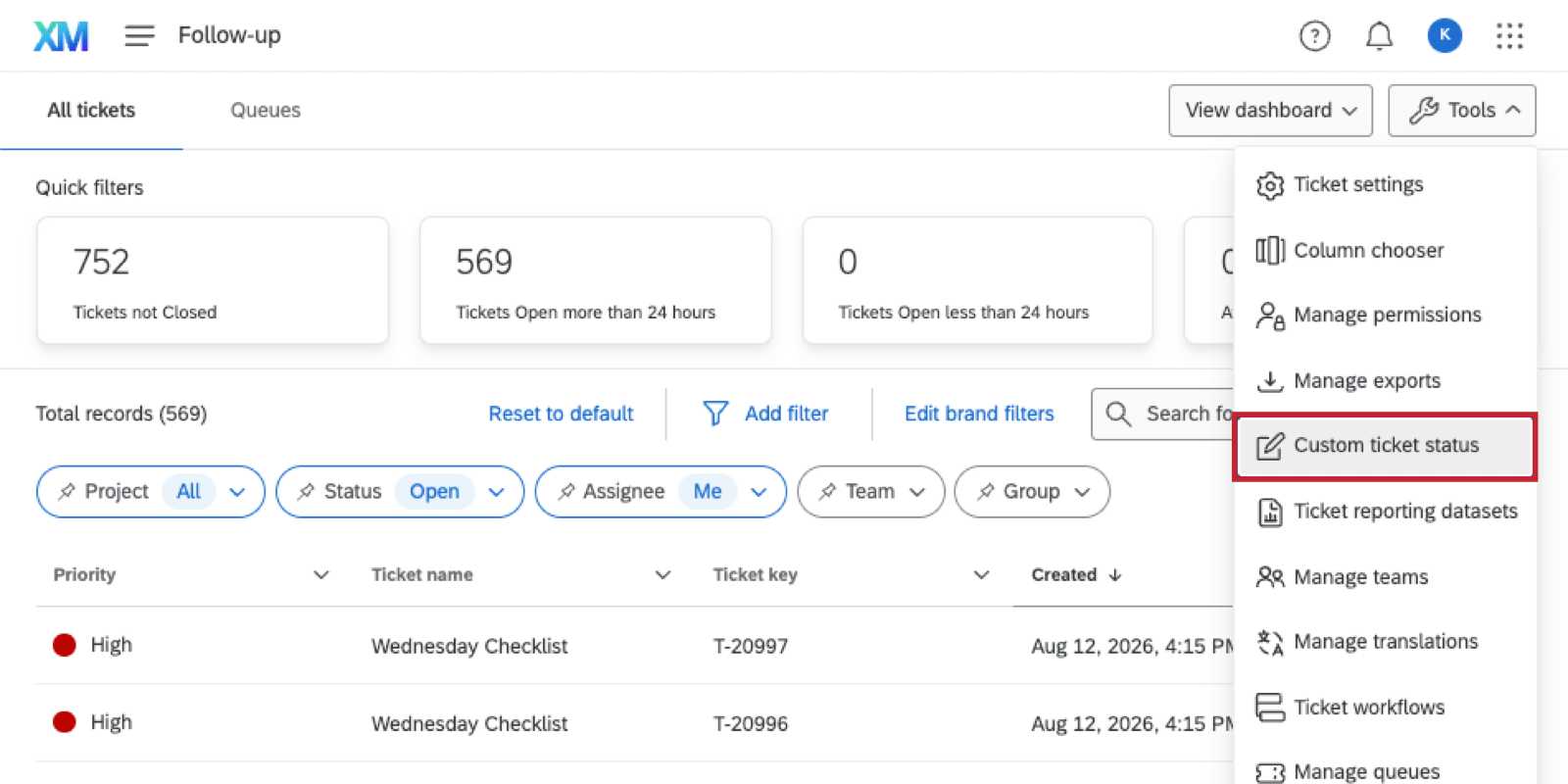 custom ticket status option under the tools button