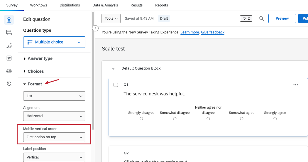 editing a multiple choice question and adjusting the mobile vertical order to first option on top