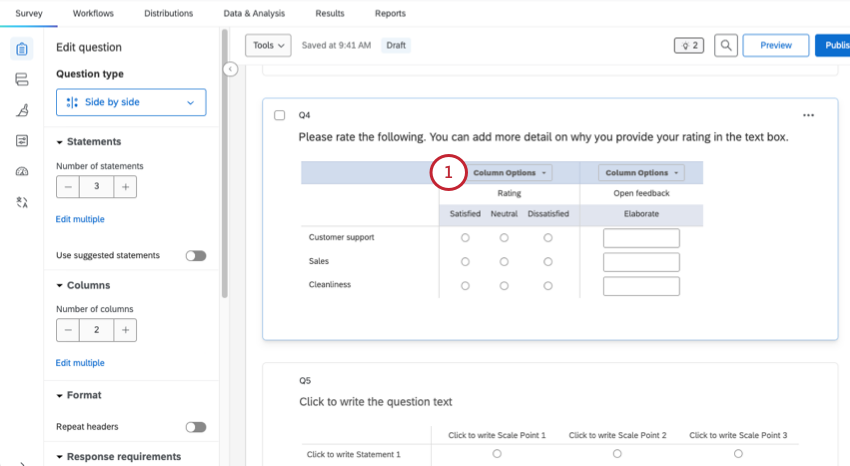 clicking column options on a side by side question