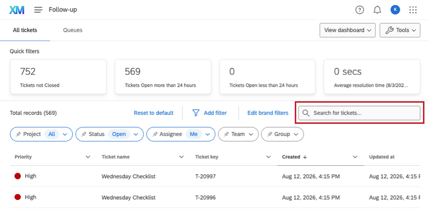 search field on the tickets follow-up page