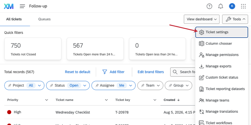 on follow-up page the tools button is clicked and shows ticket settings