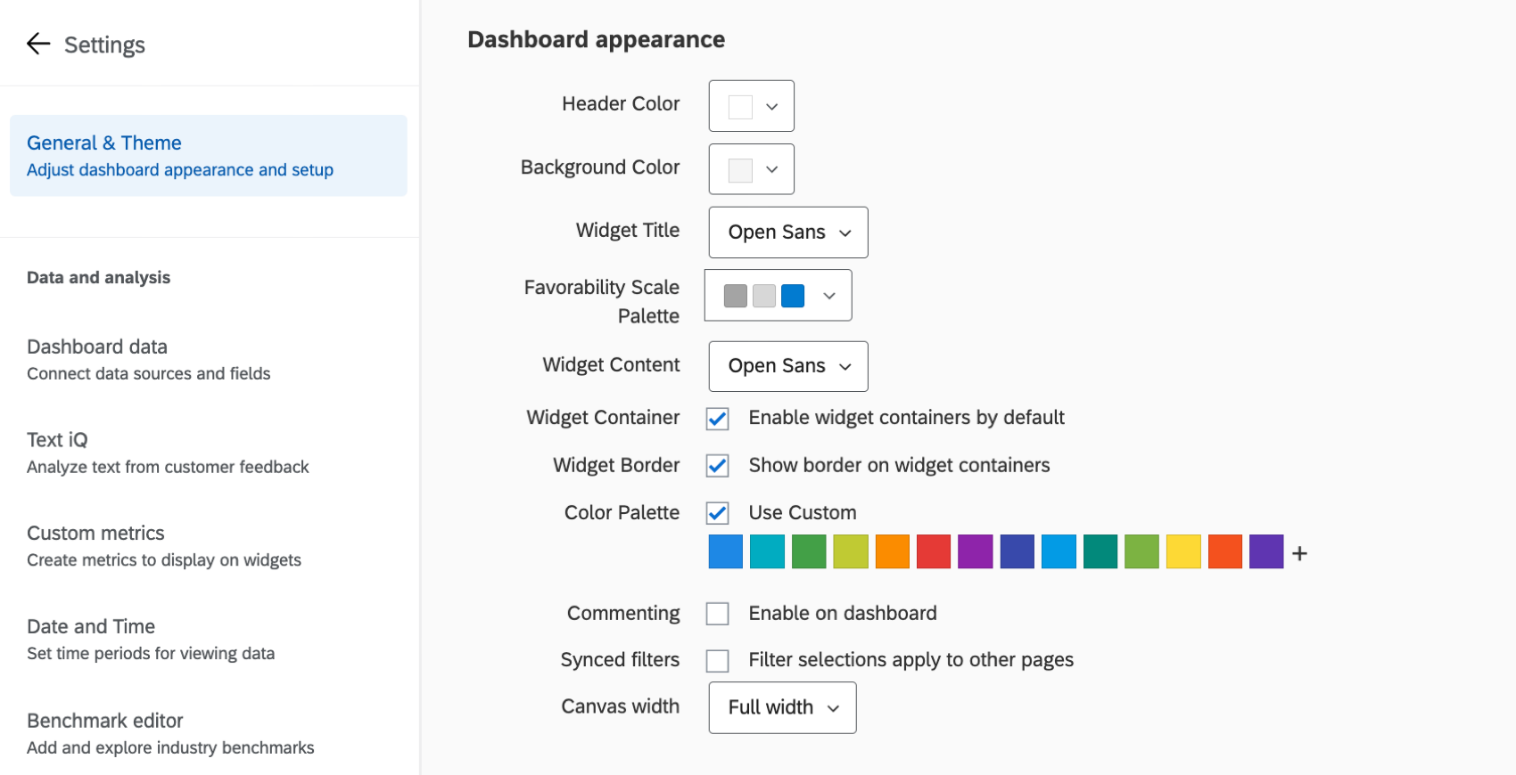 view of general dashboard settings