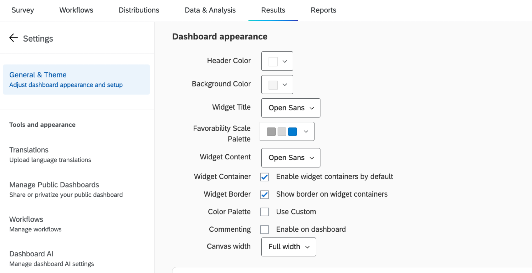 general theme tab within results dashboards