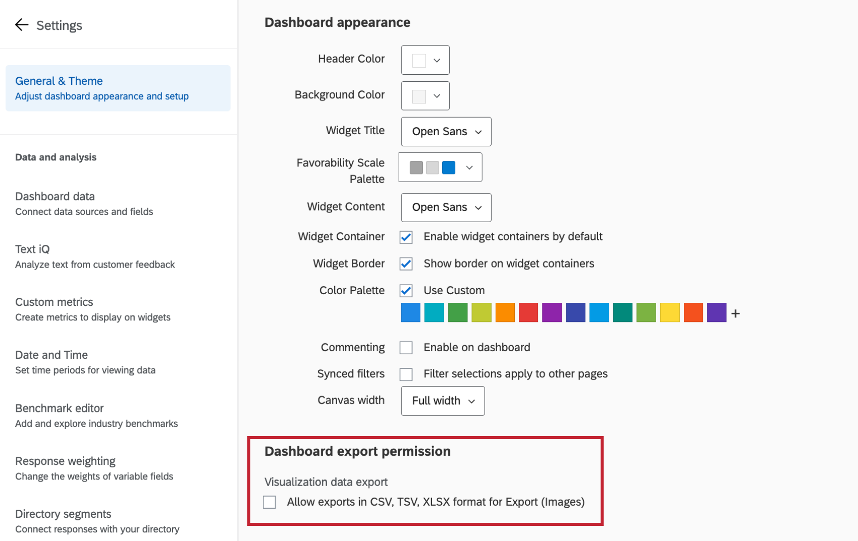 dashboard export permission setting highlighted within the general and theme page