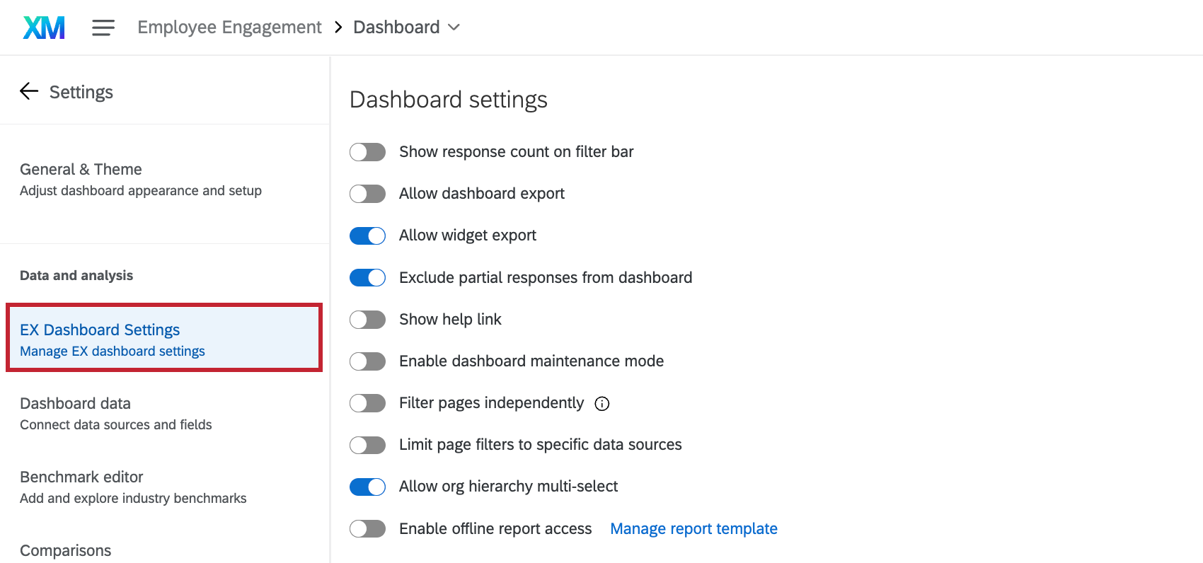 EX Dashboard Settings tab highlighted within a dashboard