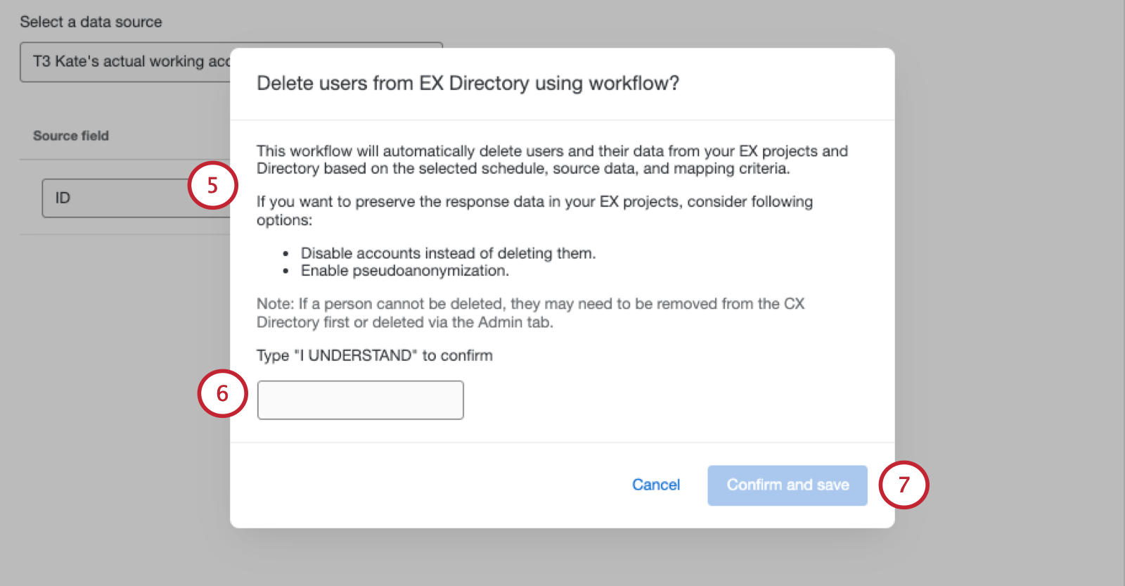 modal with warning and confirmation
