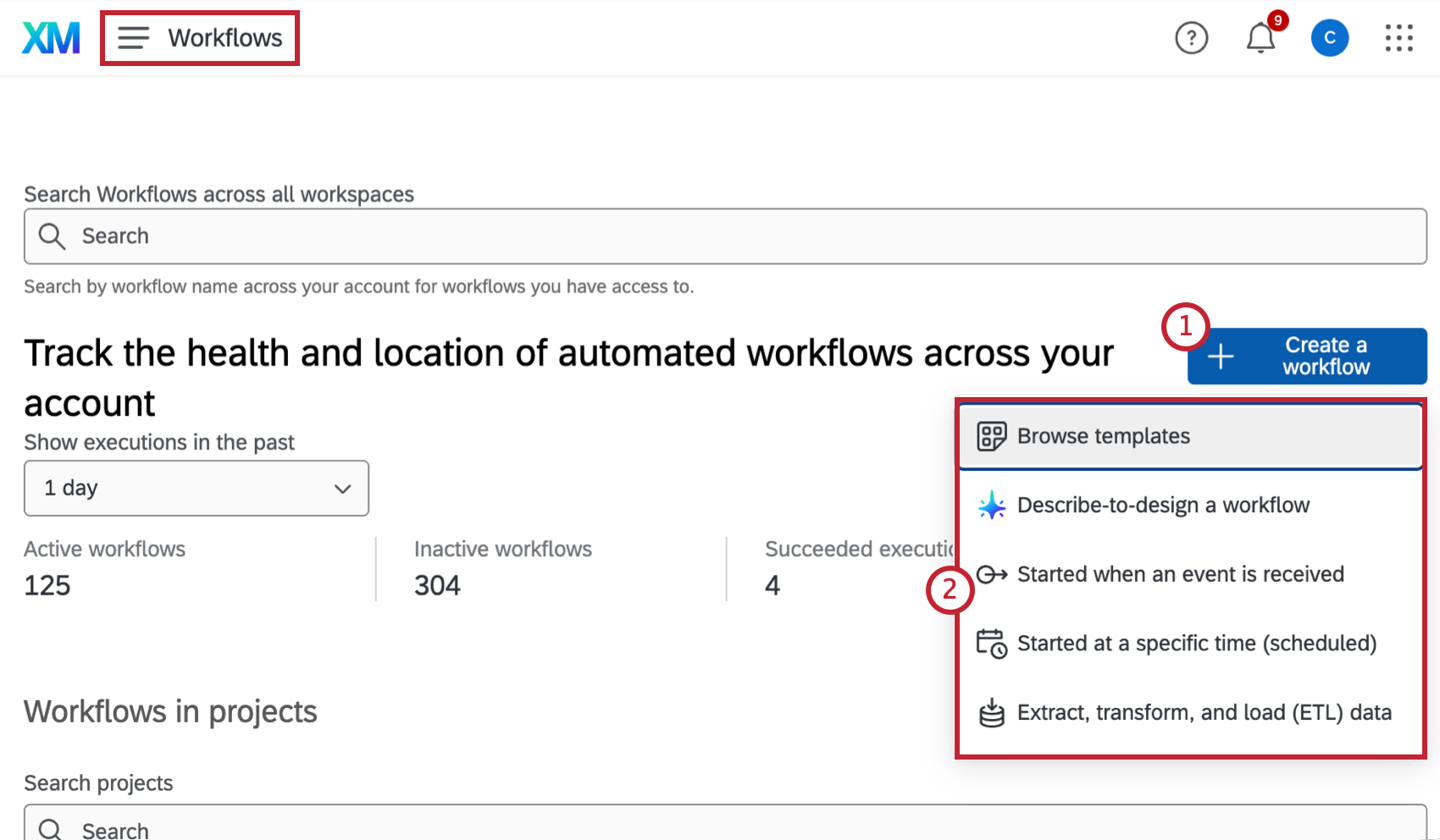 dropdown with options of how to start a workflow