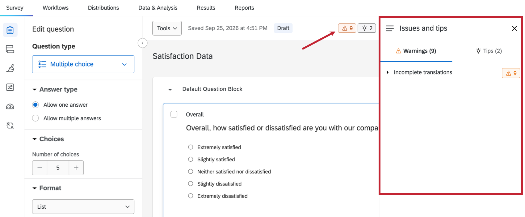 arrow pointing to the issues and tips menu in a survey