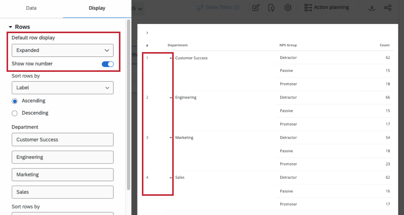 image of default row display in widget editor