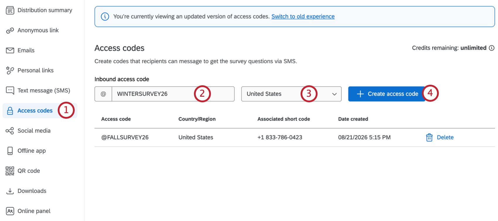options to generate access codes within the distributions tab of a survey