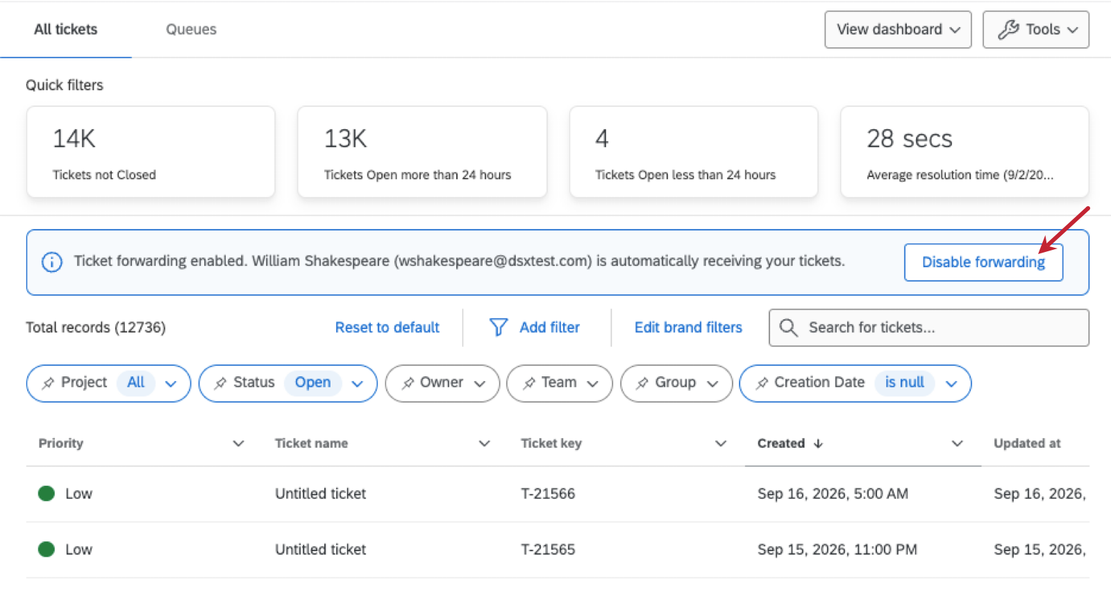 blue ticket forwarding banner on the follow up page