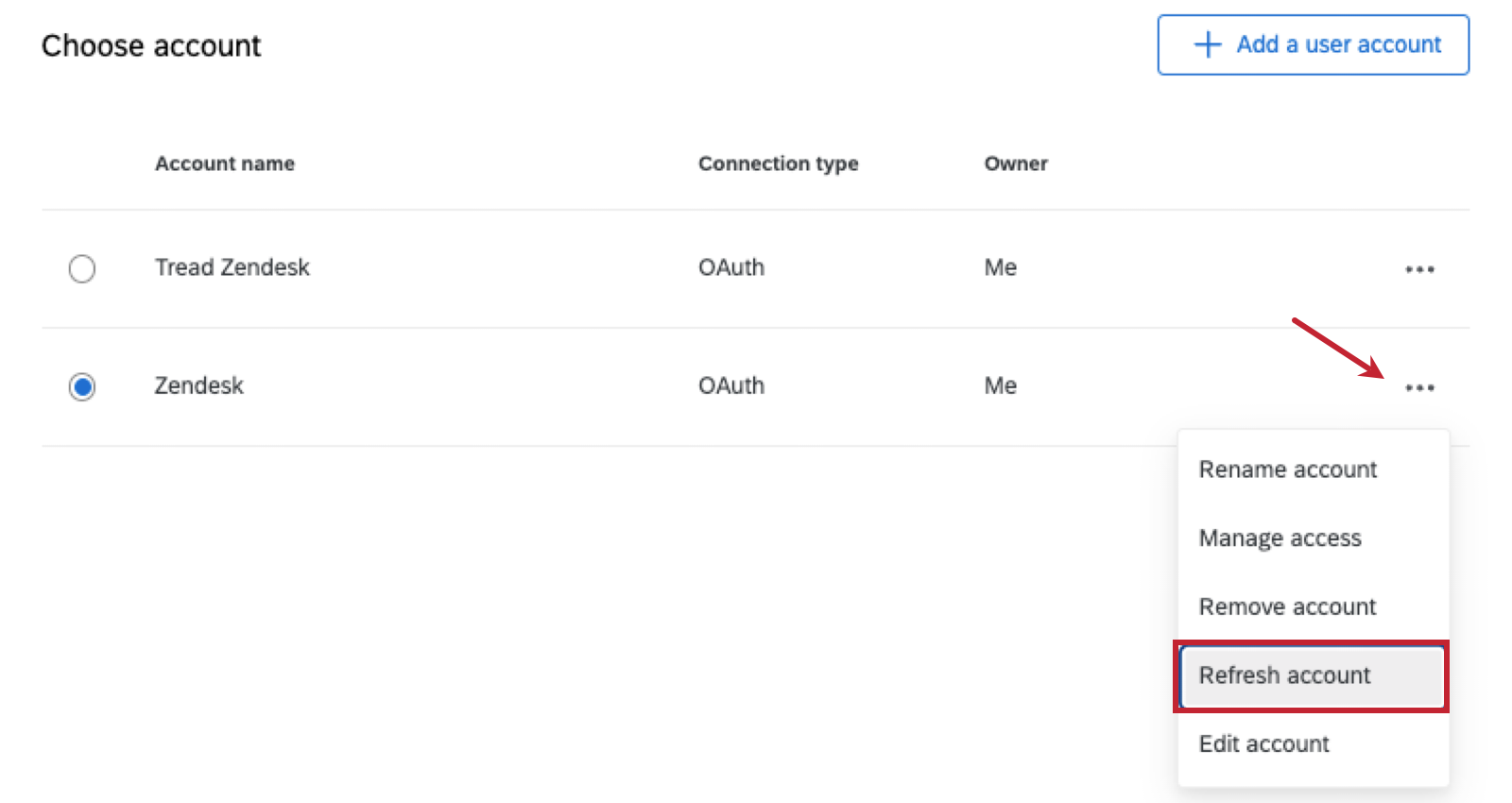 3 dots next to zendesk account in qualtrics modal is clicked and refresh account is highlighted in the menu that appears