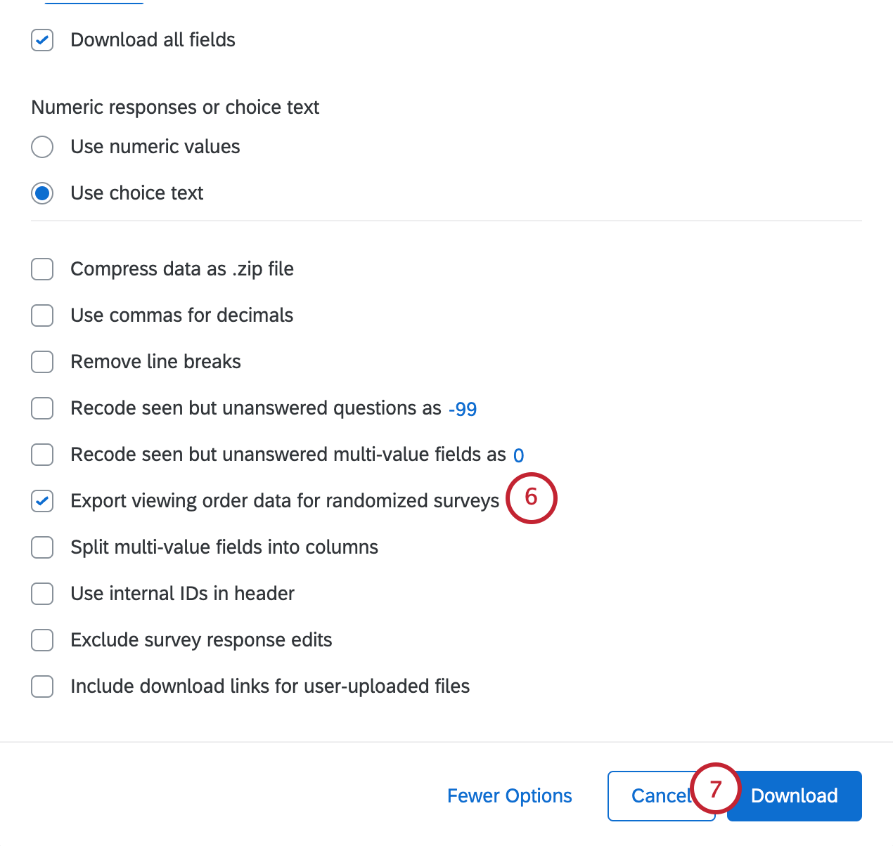 Exportação de dados de pedidos de visualização na parte inferior da lista de opções; botão Download no canto inferior direito