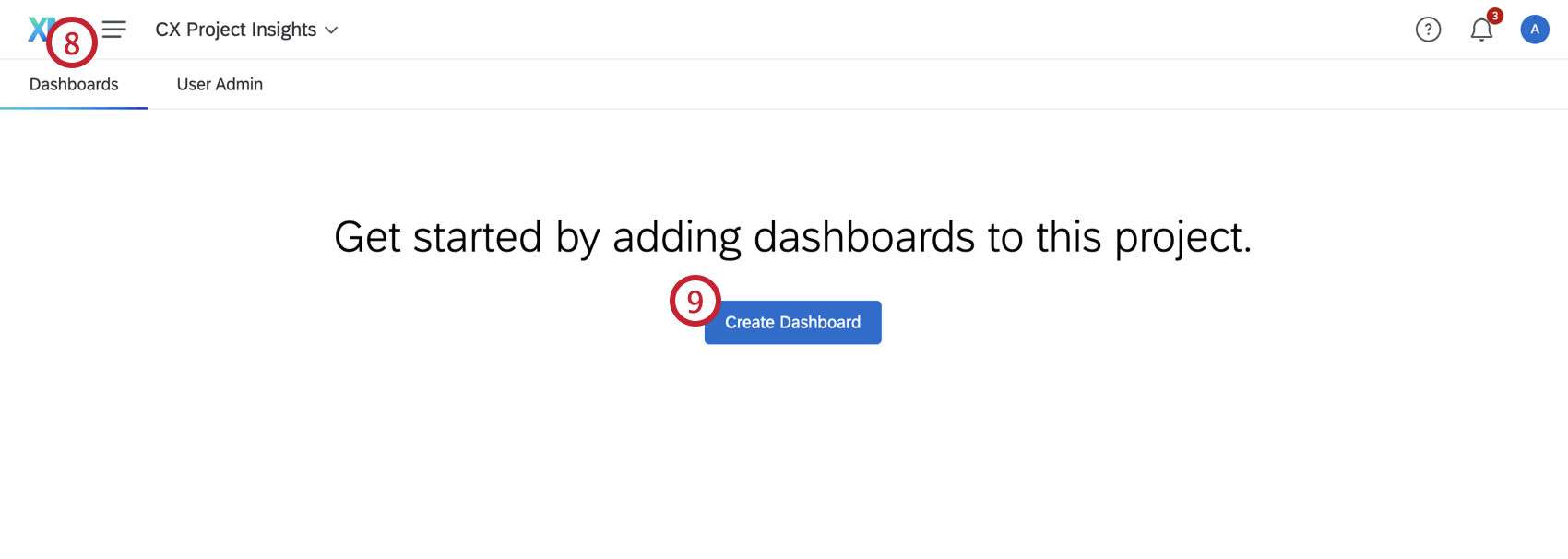 No centro da página, há um botão que diz create dashboard criar painel)
