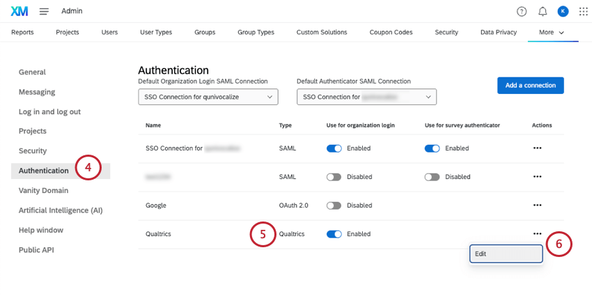 öffnen der Einstellungen für die Qualtrics-Verbindung auf der Seite für den Authentifizierer