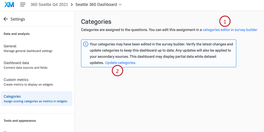 the categories section of a 360 dashboard when the categories need to be updated