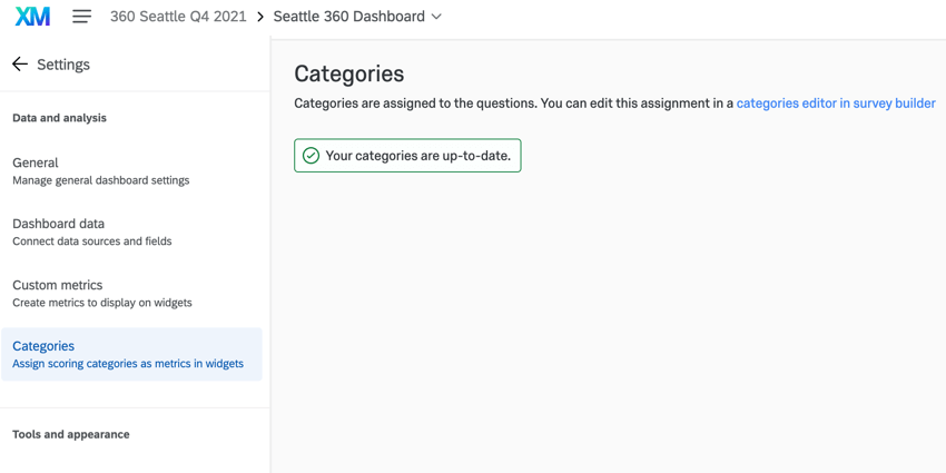 the categories page in a 360 dashboard with the categories already updated
