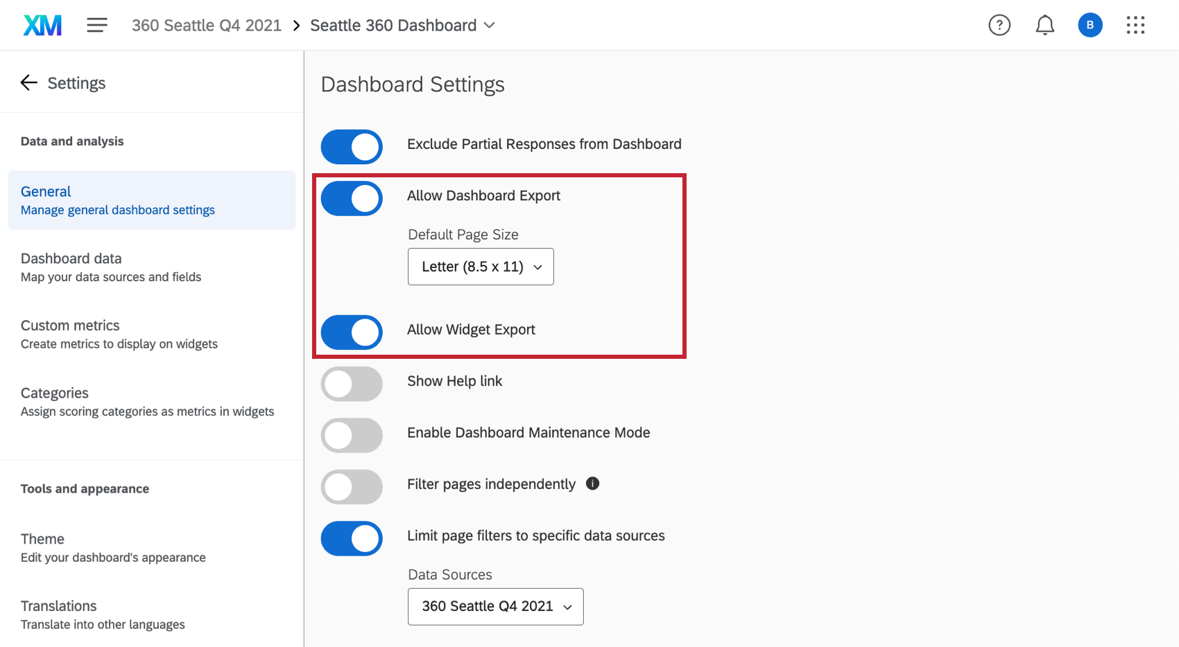 the allow dashboard export and allow widget export options