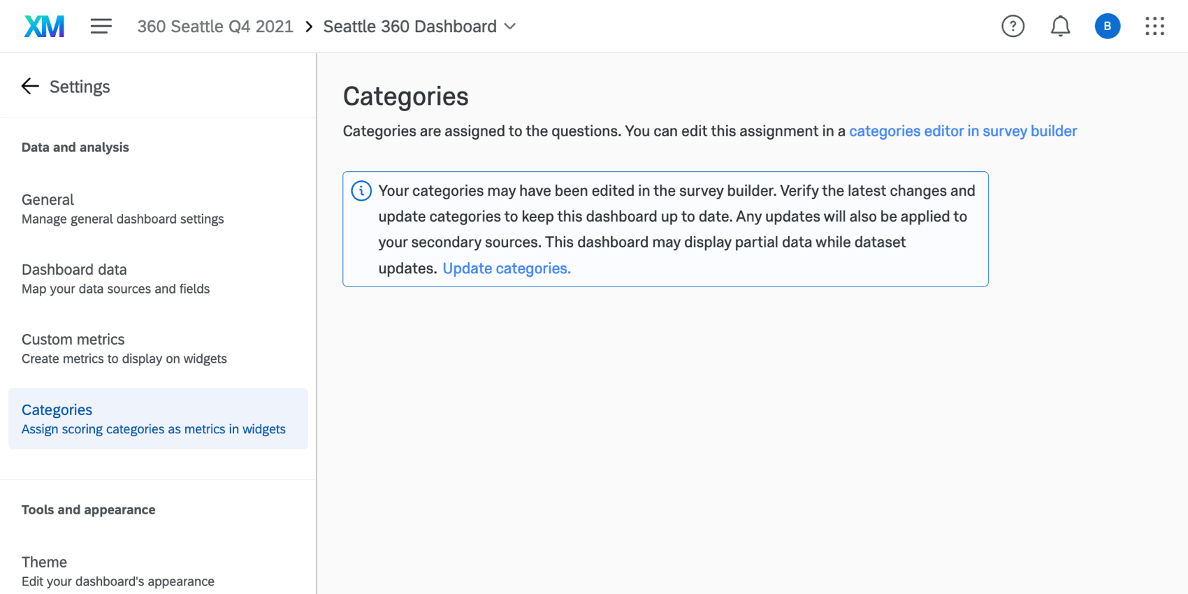 the categories section of dashboard settings