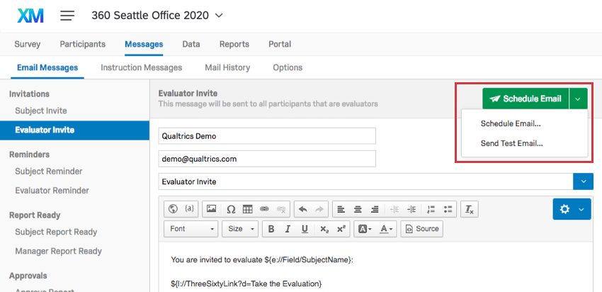 Pulsante Pianifica e-mail nell'angolo in alto a destra