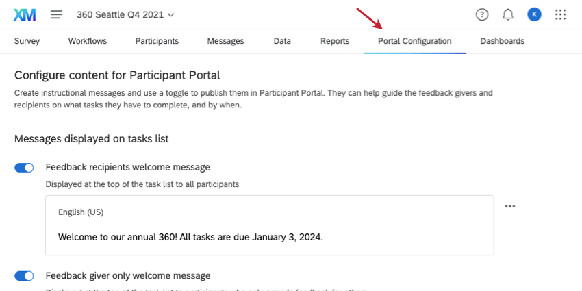 portal configuration tab along the top of the 360 project