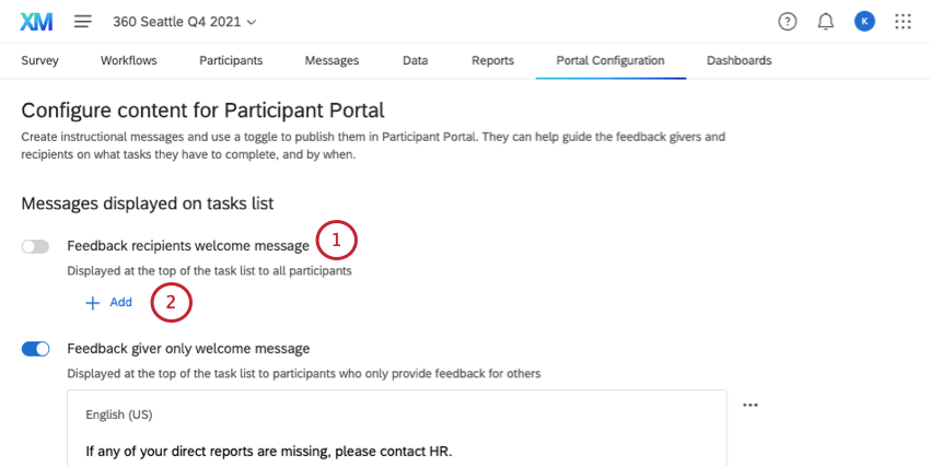 exibir o botão Adicionar em uma mensagem de destinatário feedback 360 ainda não ativada
