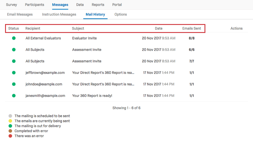 メッセージ]タブの[メール履歴]ヘッダー