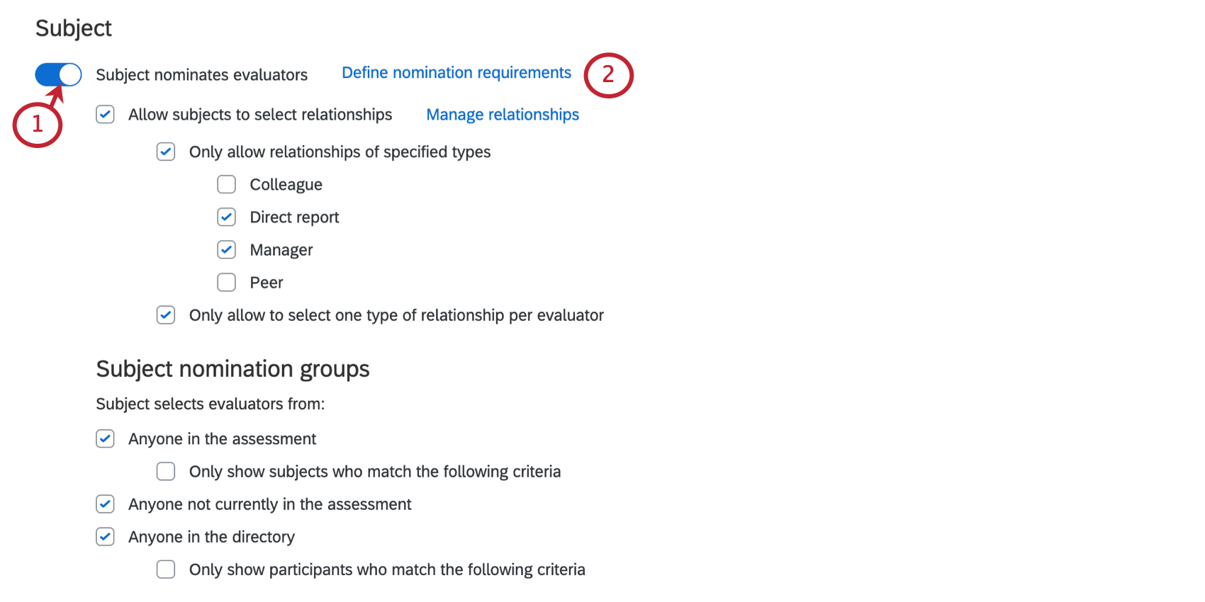 Settings for the Subject Nominates Evaluators option