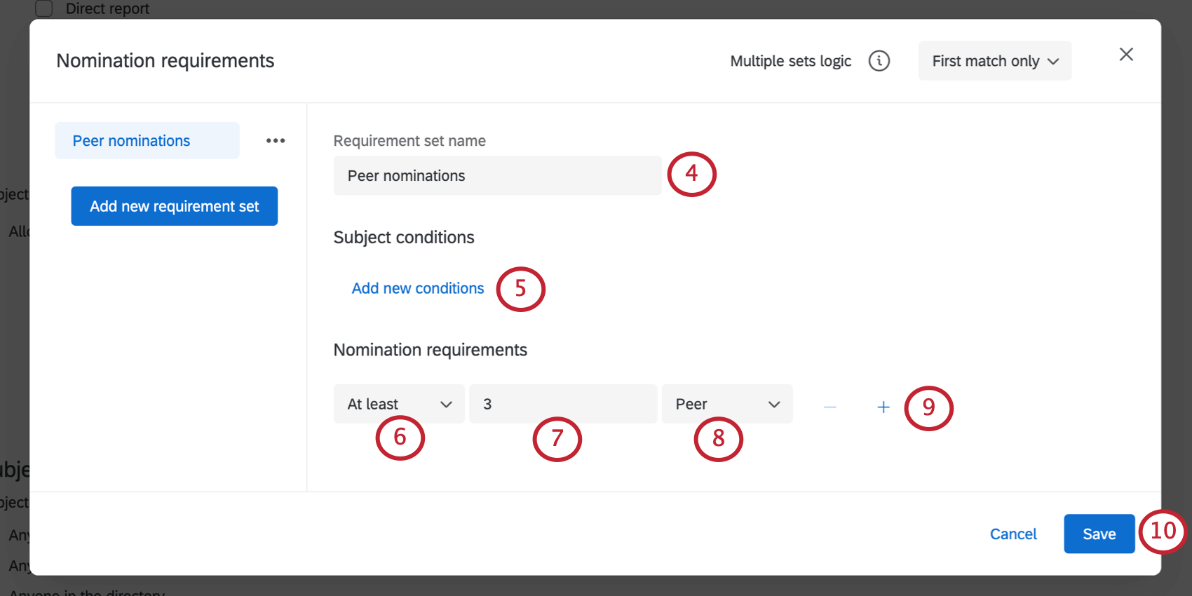 Defining nomination requirements in the Nomination Requirements pop up window