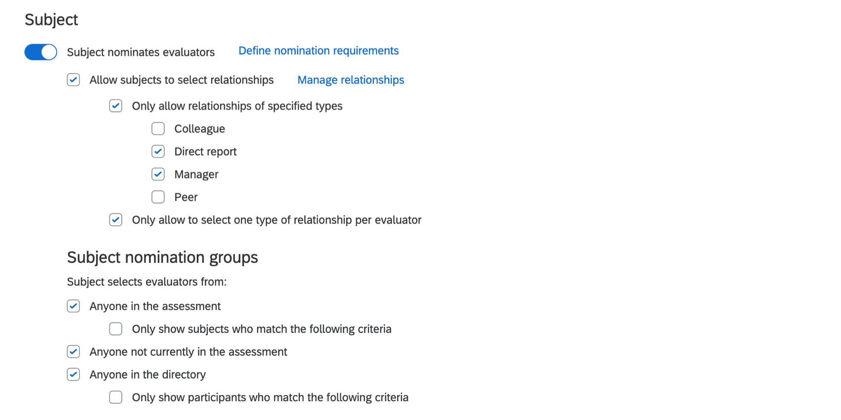 Image of the Subject section of the Nomination settings, at the bottom of the page