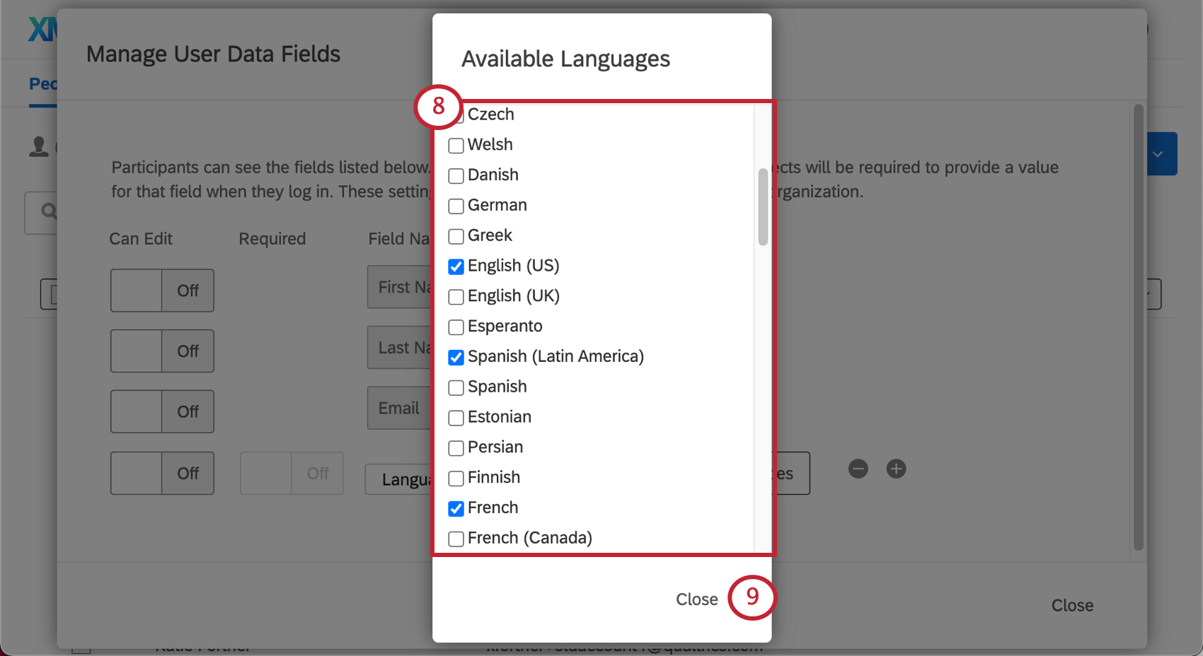 imagen de la lista de idiomas disponibles. haga clic en la casilla de verificación siguiente a un idioma para habilitarlo.