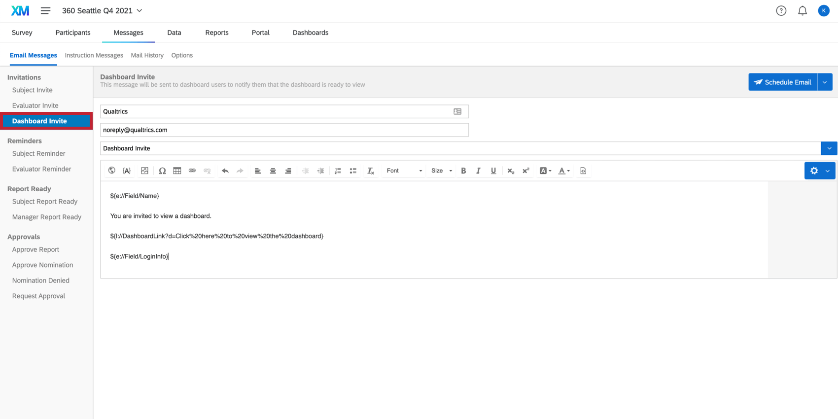pagina dashboard per l'impostazione delle e-mail