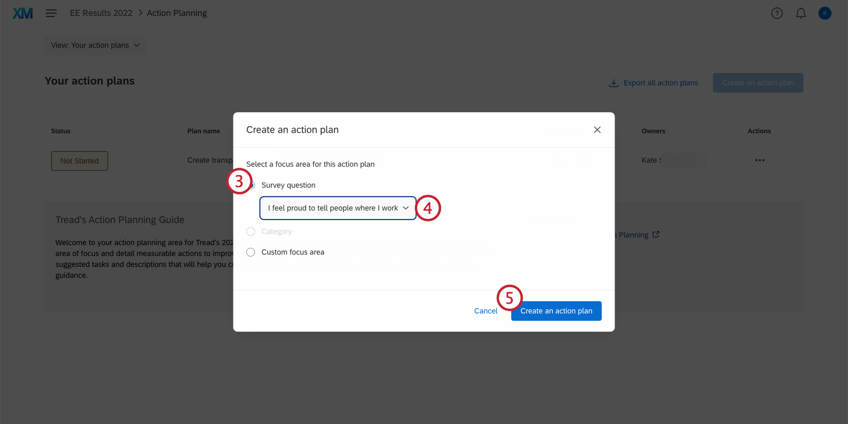 Action plan creation window opend with dropdowns along the top and blue create button bottom-right