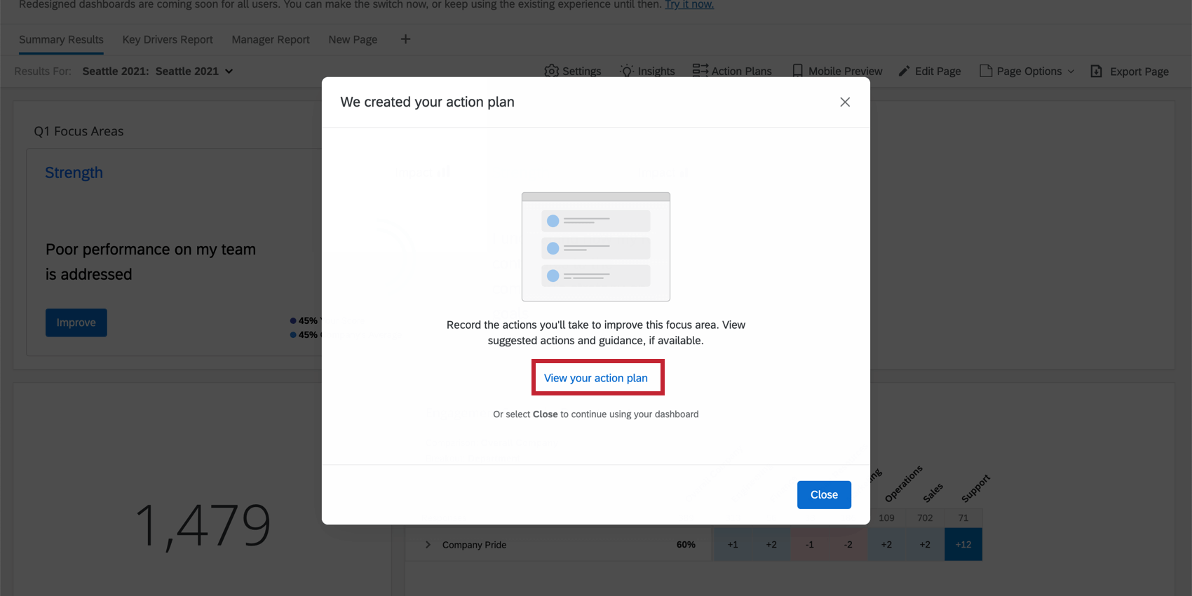 Button to view the action plan after creating from focus area widget
