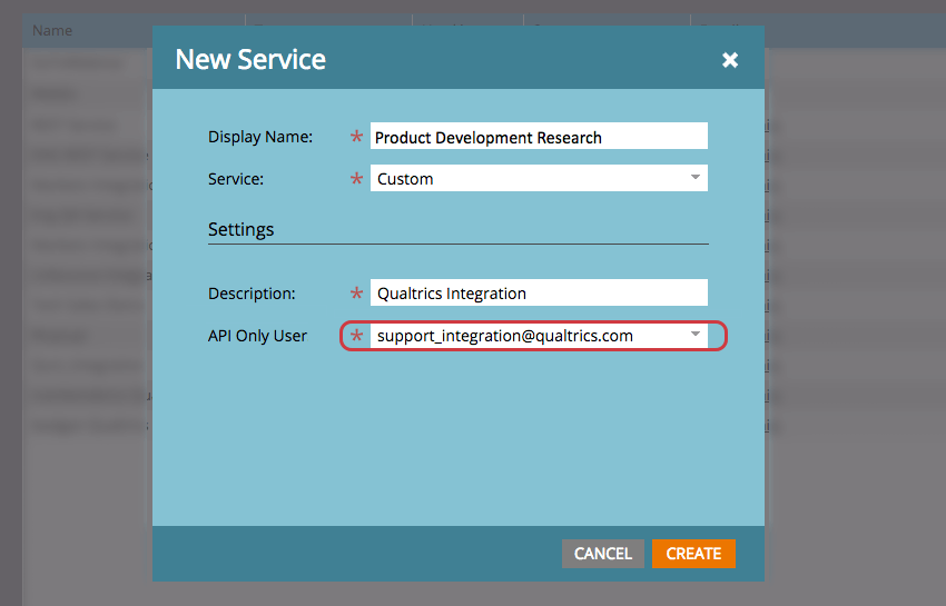 Nom, description, API uniquement pour le nouveau service