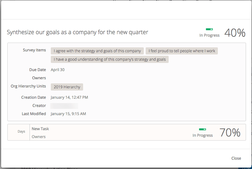 Action plan opened in a window