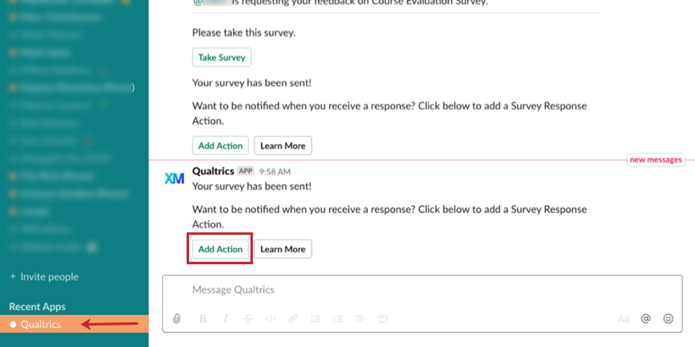 クアルトリクスアプリのボットがアンケートオーナーにslackでメッセージを送信している画像。このメッセージは、回答が届いたときに通知されるアクションを追加するようにユーザーに伝えます。