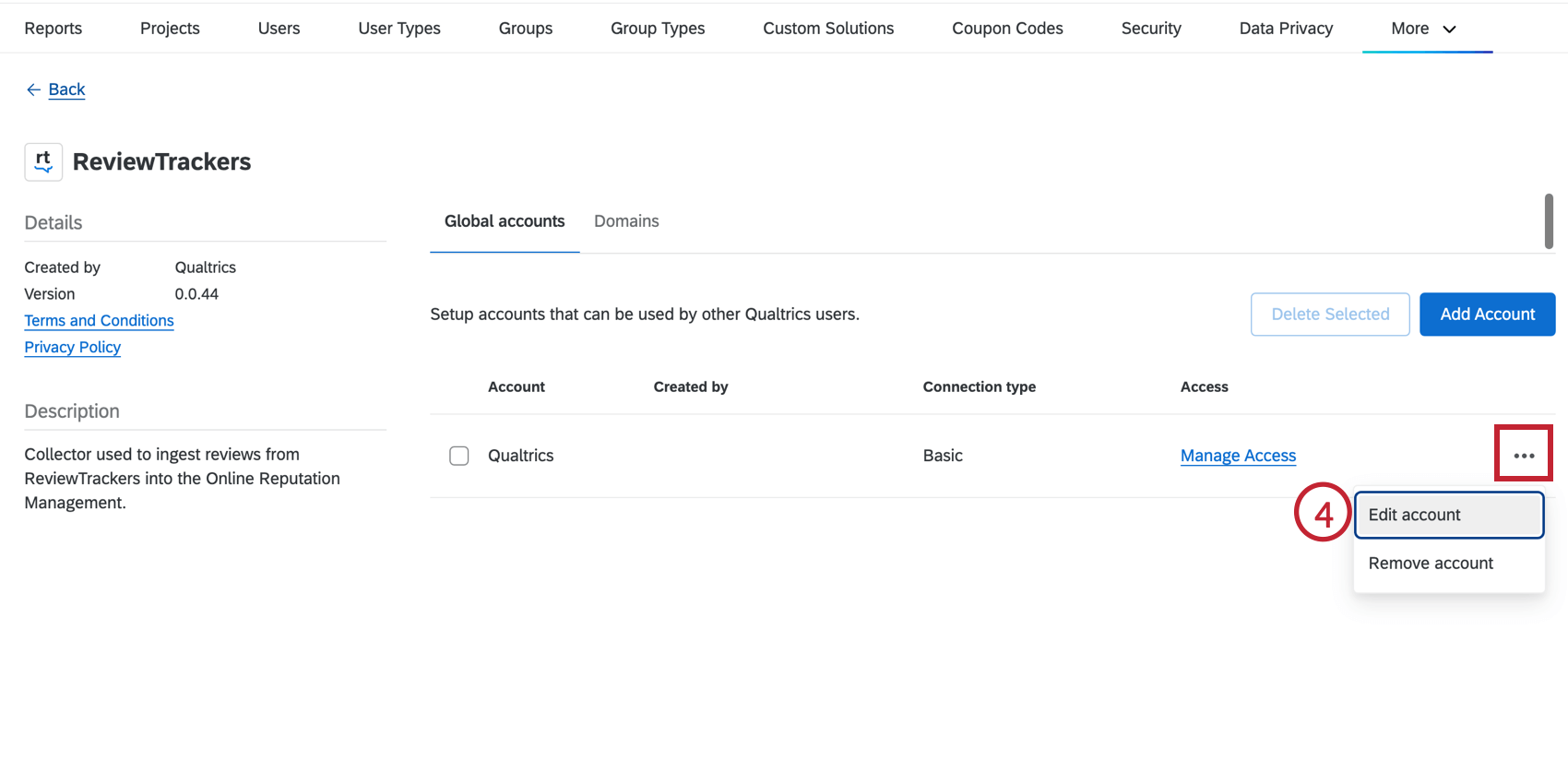 Evidenzia il menu a tre punti e lopzione di modifica dellaccount