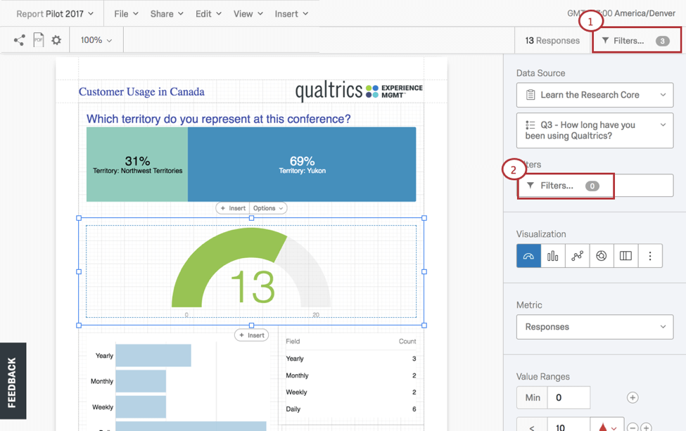Filters on the upper-right of the Reports section and on the visualization editing pane