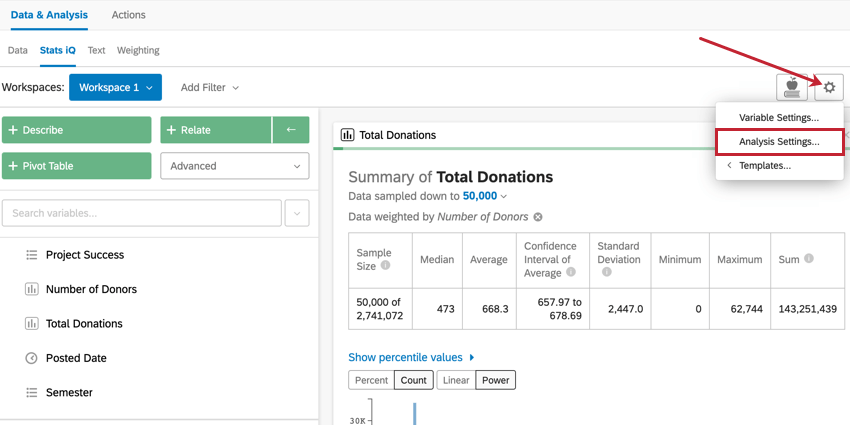 imagen del icono de engranaje en la esquina superior derecha del espacio de trabajo de Stats iQ utilizado para acceder a la configuración de análisis.