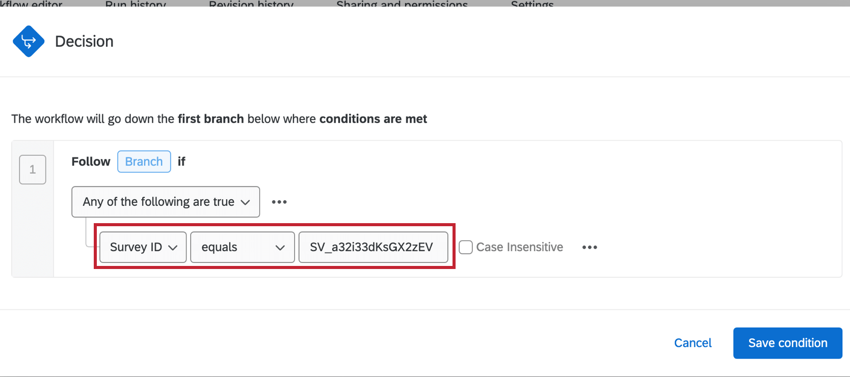 Shows an example of a condition set up to evaluate surveyID for iQ anomaly events.