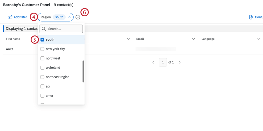 Dropdown-Liste mit Filteroptionen