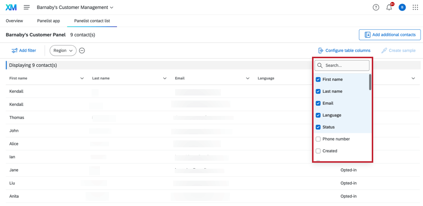 Dropdown „Spalten“