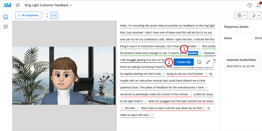 clicking on a word in a transcript