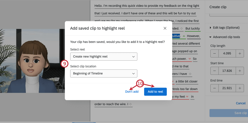 Reel und Position des Clips auswählen