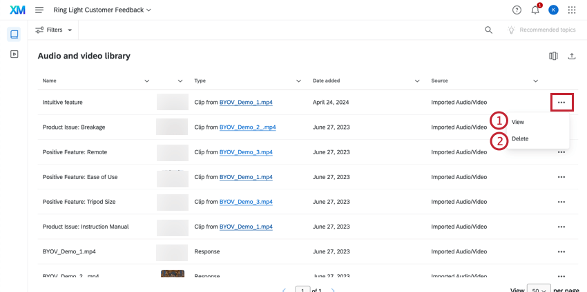 Verwalten von Clips in der Audio-Videobibliothek