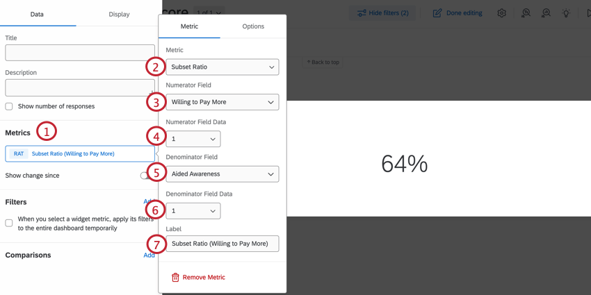 Passi per configurare il rapporto di sottoinsieme nella sezione metriche del widget
