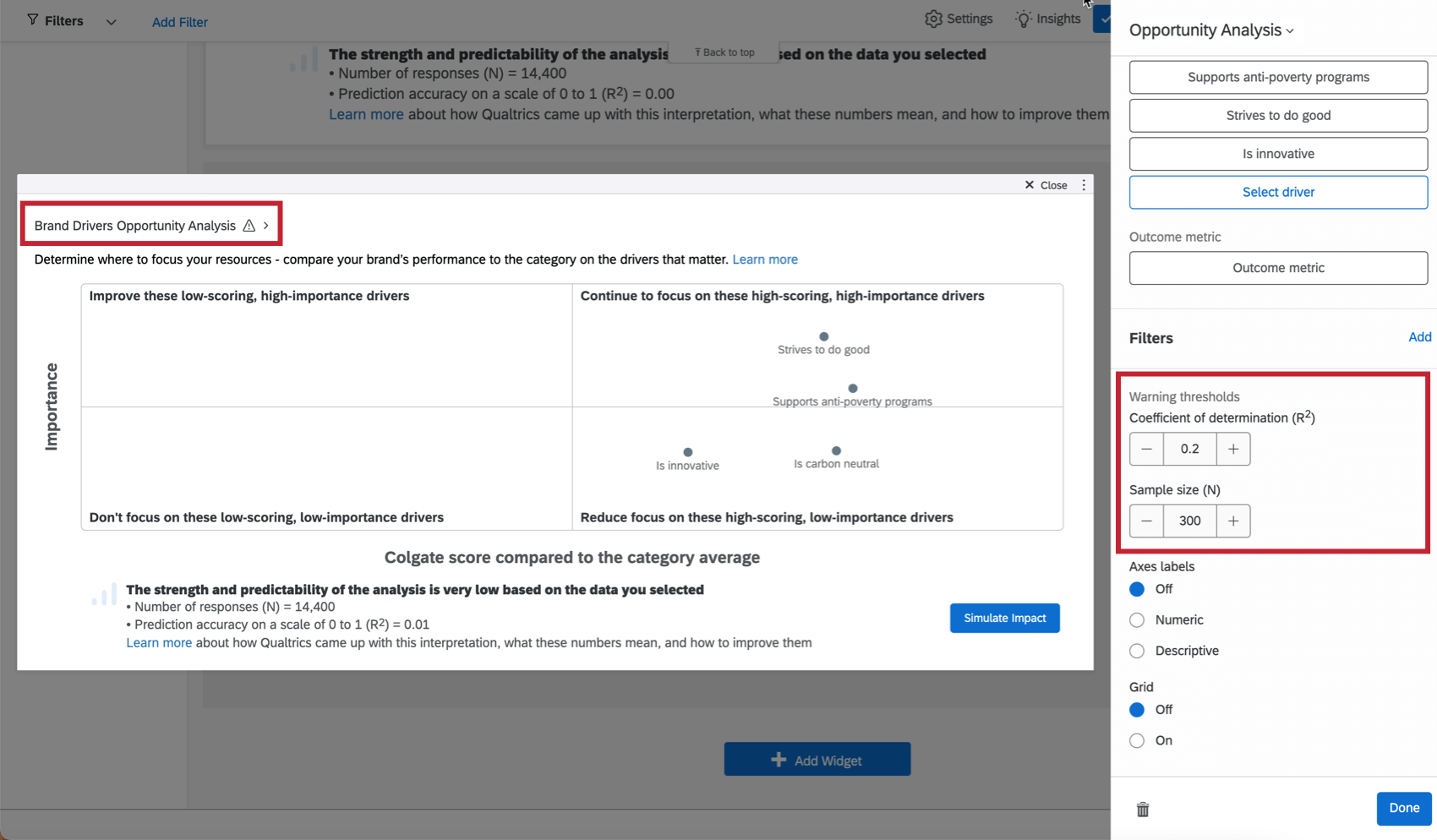 Limites de aviso no painel de edição do widget