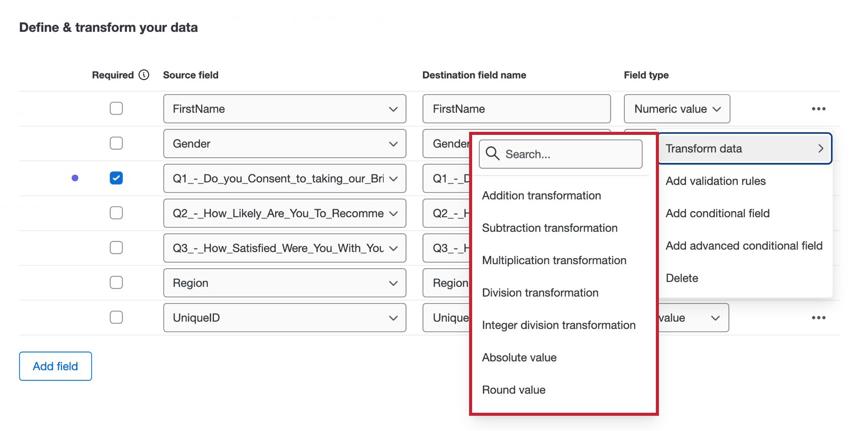 Data transformation operations available and highlighted