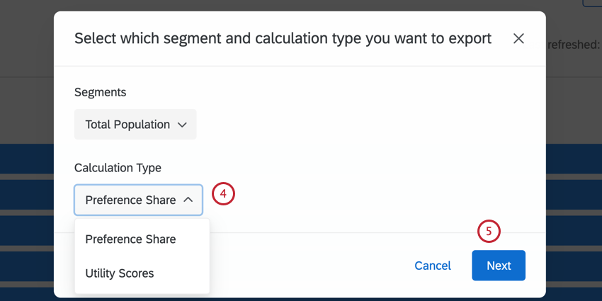 MaxDiffからエクスポートするプリファレンスシェアまたはユーティリティスコアの選択肢を強調表示。